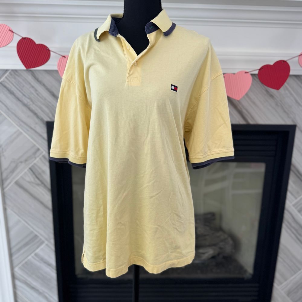 Tommy Hilfiger‎ Classic Polo Shirt Pale Yellow Navy Collar Casual Cotton L